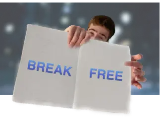 Picture of a man holding up a book with the words saying 'break free'